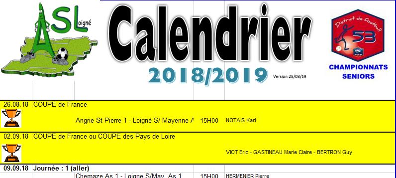 Calendrier SENIOR 2018/2019